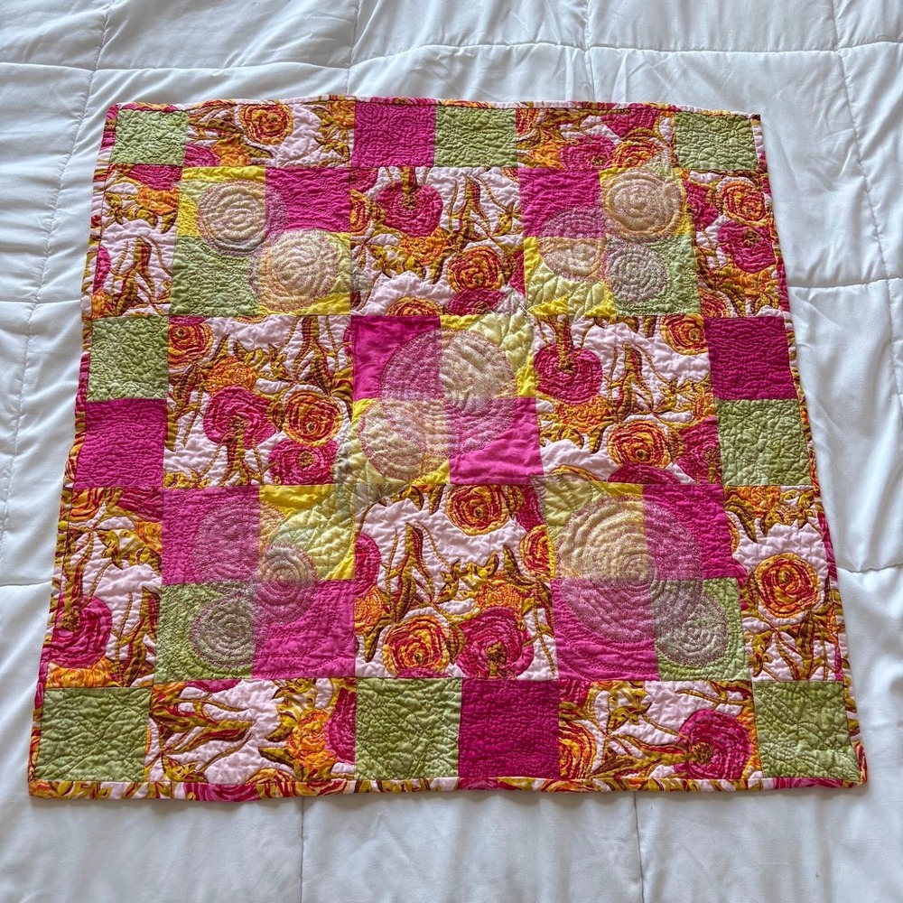 Vintage Handmade Floral Patchwork Quilted Table Runner Pink Yellow Green 29x28